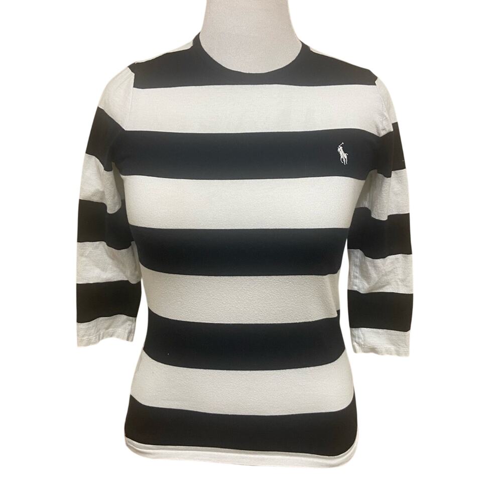 Ralph Lauren Sport Women’s Black and White Striped Large 100% Cotton Top